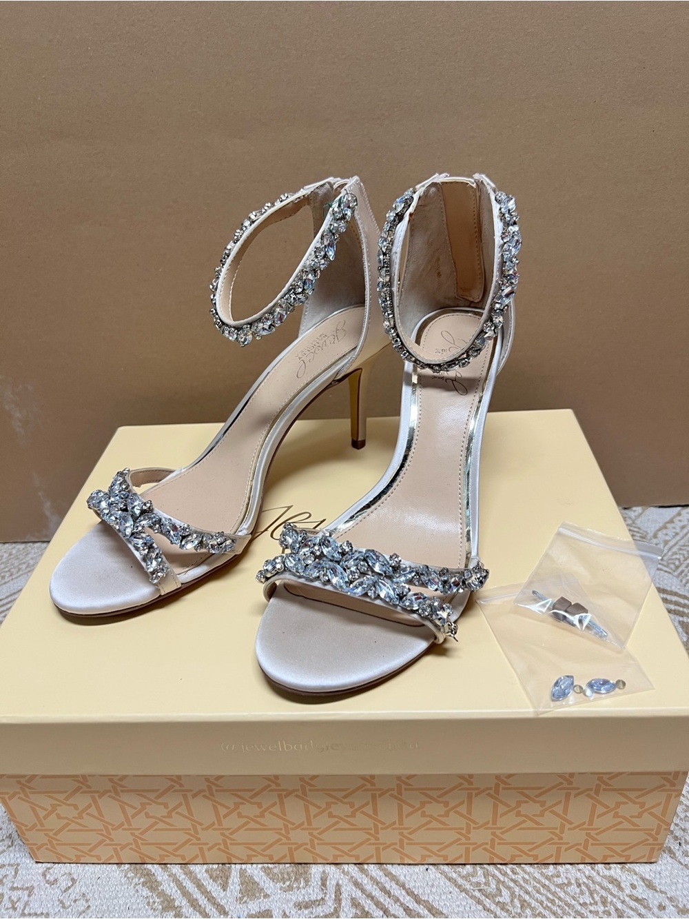 Embellished Ivory Satin Ankle-Strap Heels 7 1/2